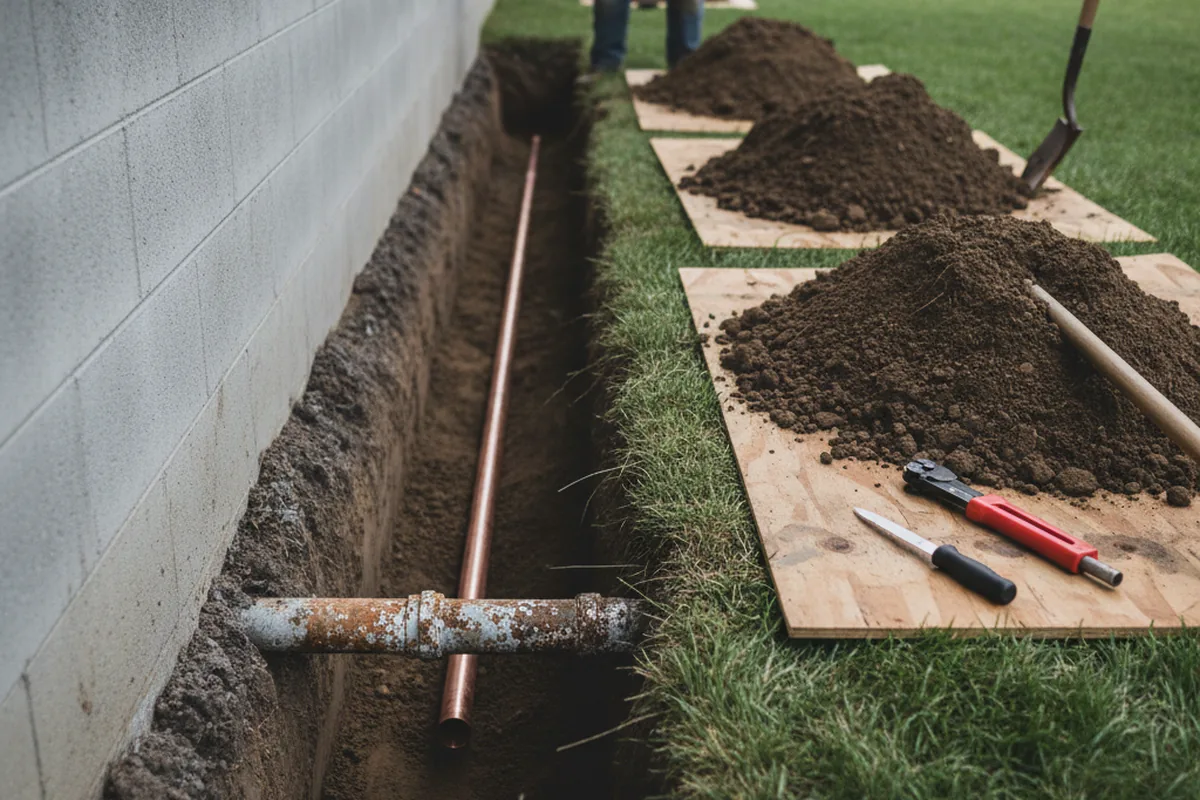 Excavated water line trench during Sewer Line Repair in Summersville